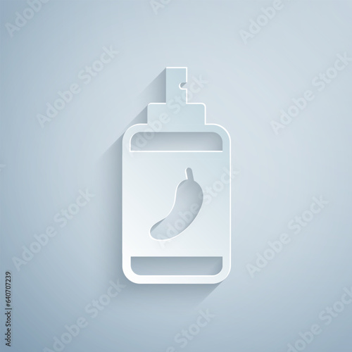 Paper cut Pepper spray icon isolated on grey background. OC gas. Capsicum self defense aerosol. Paper art style. Vector