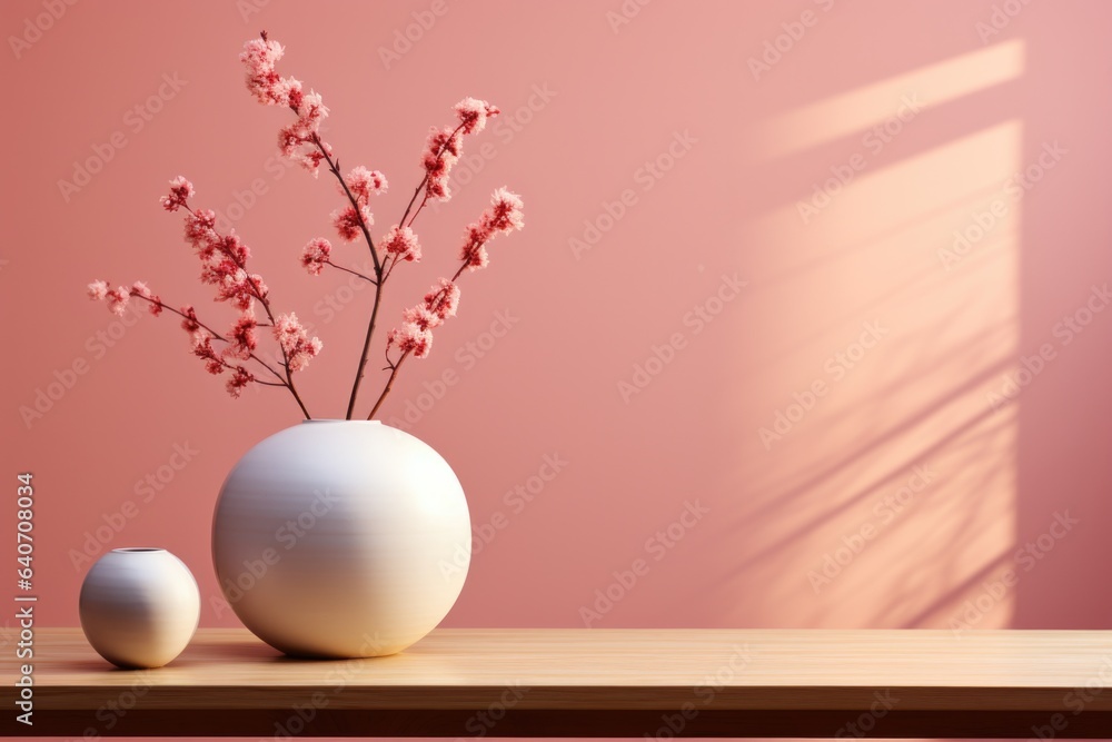 ceramic vase and vase on wooden table with orange background. Copy space
