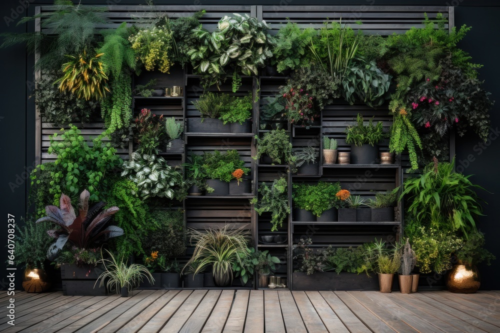 Green plants in pots on wooden planks. Gardening concept.