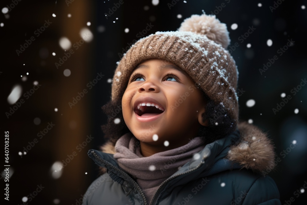 Cute child with happy face wearing a warm hat and warm jacket surrounded with snowflakes. Winter holidays concept. Cute child with happy face wearing a warm hat and warm jacket surrounded with snowflakes. Winter holidays concept.