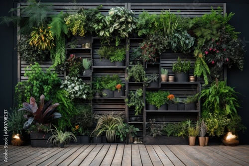 Green plants in pots on wooden planks. Gardening concept.
