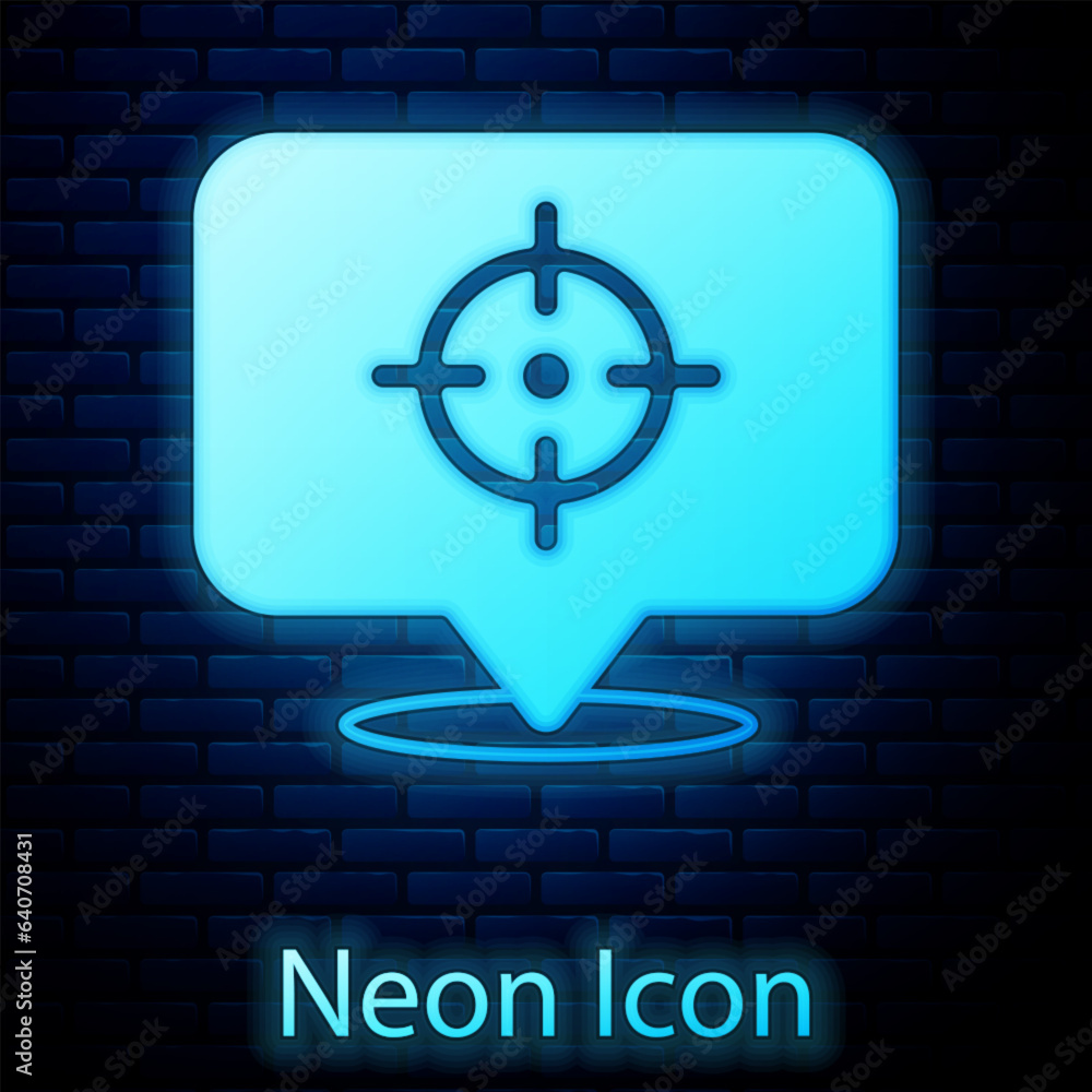 Glowing neon Target financial goal concept icon isolated on brick wall background. Symbolic goals achievement, success. Vector Glowing neon Target financial goal concept icon isolated on brick wall background. Symbolic goals achievement, success. Vector