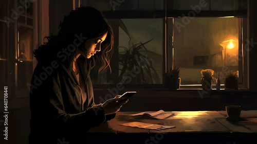 digital illustration of woman looking at her phone in a room isolation and loneliness