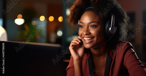 Portrait of a smiling customer service representative with an afro at the computer using headset