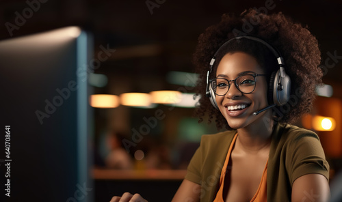 Call center agent, black woman and consulting, support or advice with headset on computer. Contact us, consultant or telemarketing, customer service operator or worker from South Africa in office.