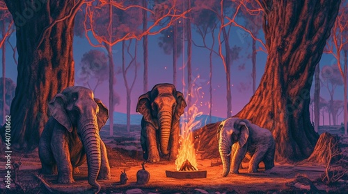 elephant skeletons hanging out by a bon fire psychedel.Generative AI