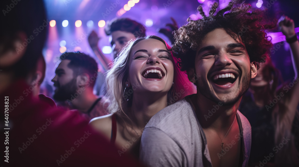 Young girl dancing in a nightclub surrounded by friends.