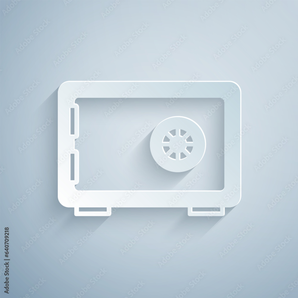 Paper cut Safe icon isolated on grey background. The door safe a bank vault with a combination lock. Reliable Data Protection. Paper art style. Vector Paper cut Safe icon isolated on grey background. The door safe a bank vault with a combination lock. Reliable Data Protection. Paper art style. Vector