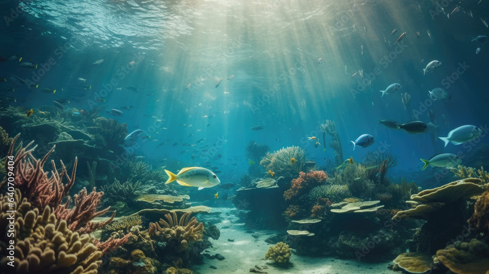 Tropical sea underwater fishes on coral reef. Aquarium oceanarium wildlife colorful marine panorama landscape nature snorkel diving.