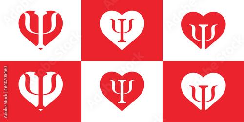 Negative Greek letter combination icon with love elements with multiple options. Neuropsychology and psychology logo isolated on white and red. Psychotherapy concept. Vector illustration