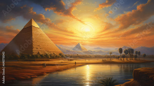 oil painting on canvas, view of pyramid. Artwork. Big ben. Pyramid as sunset. Egypt (ai generated)