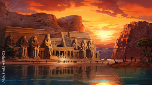oil painting on canvas, view of Abu Simbel Temples. Artwork. Big ben. Pyramid as sunset. Egypt (ai generated)