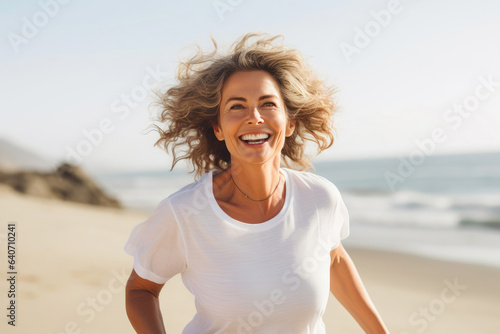 Joyful Middle-Aged Woman Running Along the Seashore #640710241