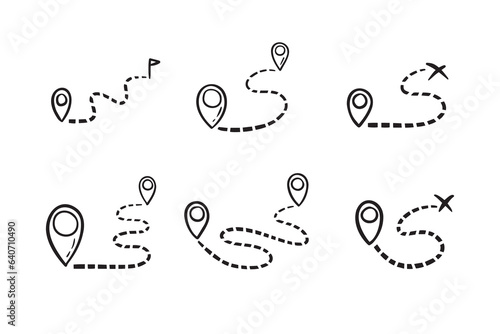 hand drawn map distance measuring icon. Doodle Map route vector pictogram isolated set.