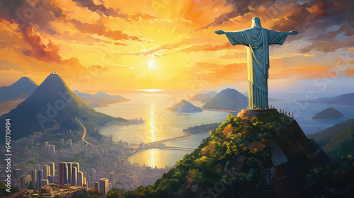 oil painting on canvas, view of Aerial of Christ and Sugar Loaf Mountain at sunset, Rio De Janeiro, Brazil. (ai generated) photo