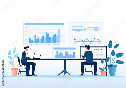 Business team working on monitor. Business finance investment concept. Ready to apply to your design. Vector illustration.