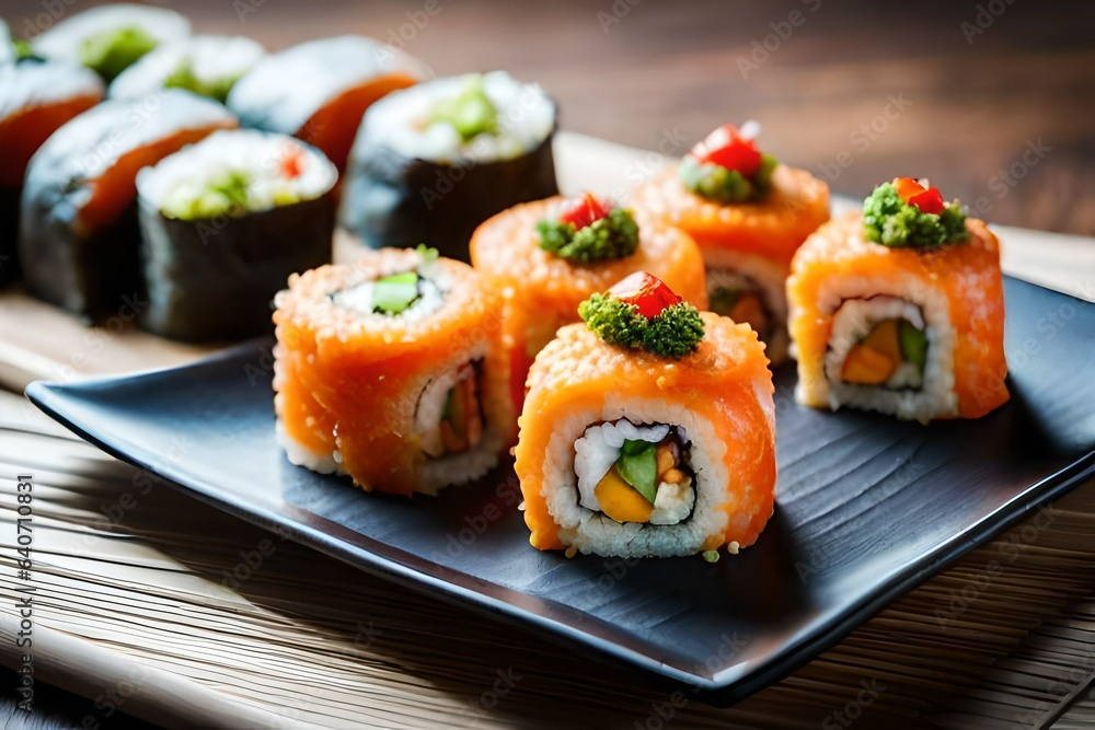 A plate of vibrant vegetable sushi rolls, made with fresh ingredients and served with soy A plate of vibrant vegetable sushi rolls, made with fresh ingredients and served with soy