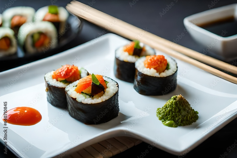 A plate of vibrant vegetable sushi rolls, made with fresh ingredients and served with soy A plate of vibrant vegetable sushi rolls, made with fresh ingredients and served with soy