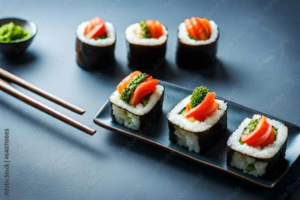 A plate of vibrant vegetable sushi rolls, made with fresh ingredients and served with soy A plate of vibrant vegetable sushi rolls, made with fresh ingredients and served with soy
