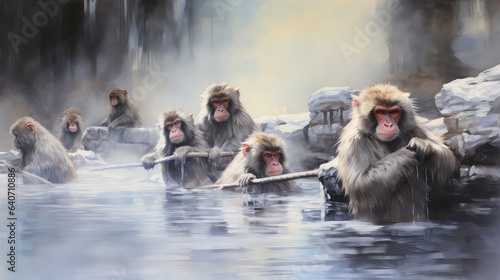 Fototapeta illustration drawing of Japanese snow monkey onsen (macaques) in the pool in winter (ai generated)