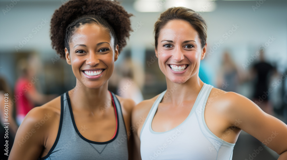 Portrait of young sports women on a group training in a gym