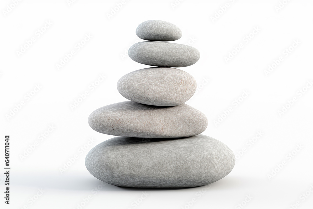 A stack of a small round white and grey pebble stone isolated on a clear white background. Balanced pebble stone art. Generative AI. A stack of a small round white and grey pebble stone isolated on a clear white background. Balanced pebble stone art. Generative AI.