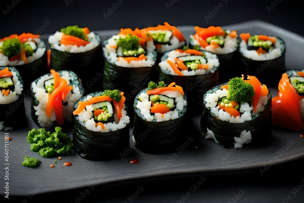 A plate of vibrant vegetable sushi rolls, made with fresh ingredients and served with soy A plate of vibrant vegetable sushi rolls, made with fresh ingredients and served with soy
