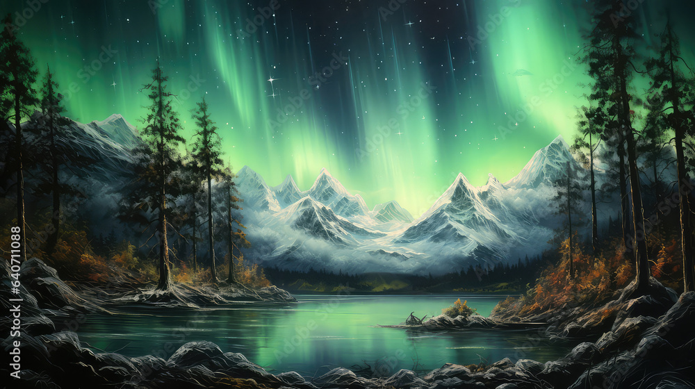 illustration of A beautiful green and red aurora dancing, Aurora Boreal, Norway, beautiful nature (ai generated)