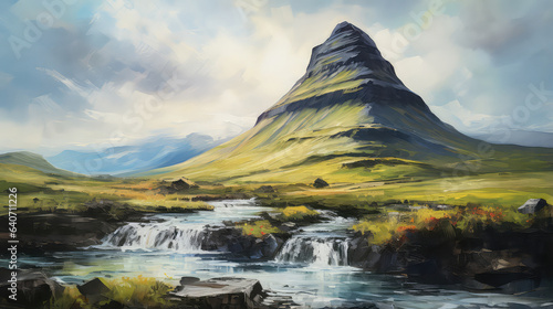 oil painting on canvas, view of Kirkjufell at sunrise in Iceland. Beautiful landscape, Iceland. (ai generated)