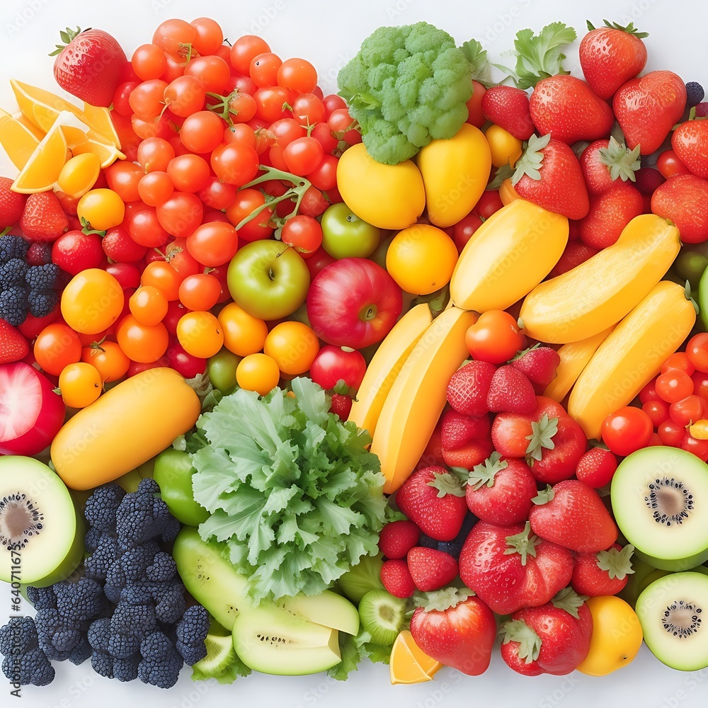 A vibrant and colorful top-down view of a variety of fresh fruits and vegetables arranged A vibrant and colorful top-down view of a variety of fresh fruits and vegetables arranged