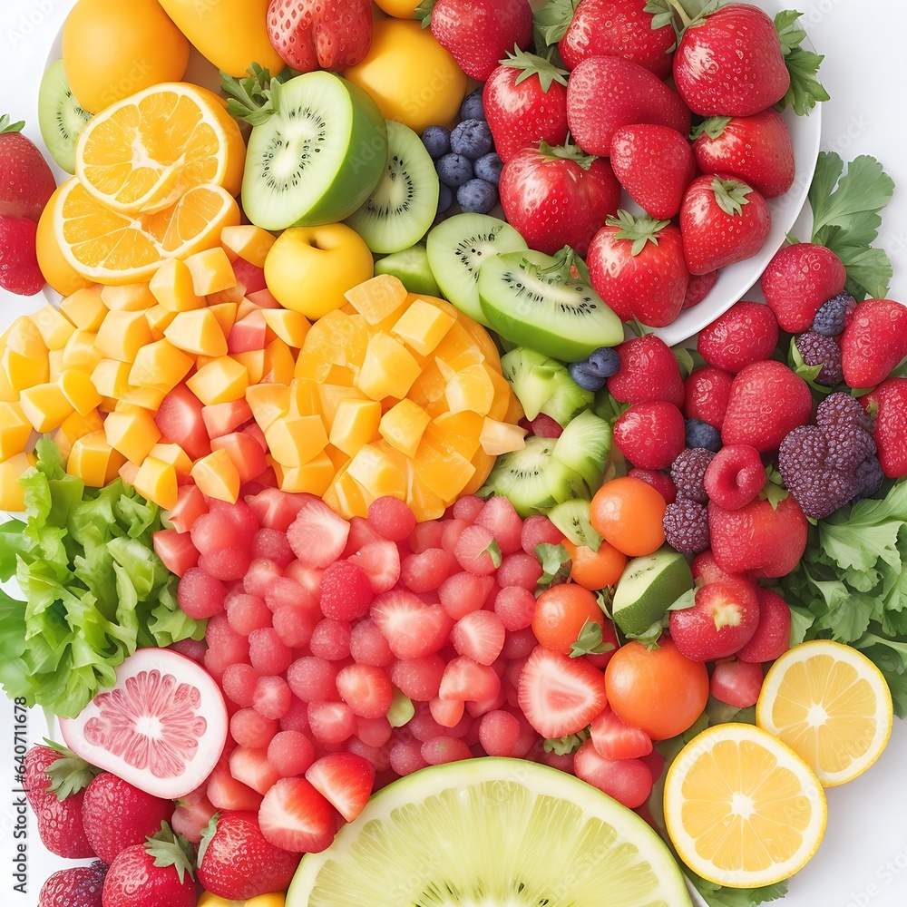 A vibrant and colorful top-down view of a variety of fresh fruits and vegetables arranged A vibrant and colorful top-down view of a variety of fresh fruits and vegetables arranged