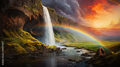 illustration of A Beautiful Seljalandsfoss waterfall with rainbow in Iceland during the sunset. Location: Seljalandsfoss waterfall, part of the river Seljalandsa, Iceland (ai generated)