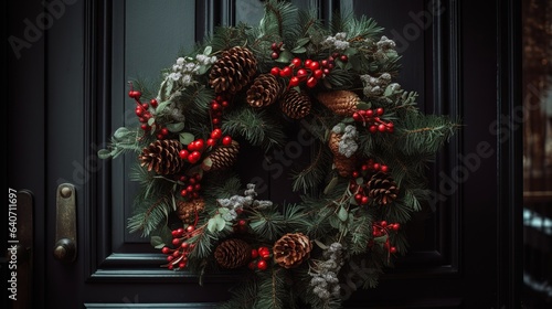  Close-up of a festive christmas wreath made of green pine branches, red berries and pine cones  hanging on a door