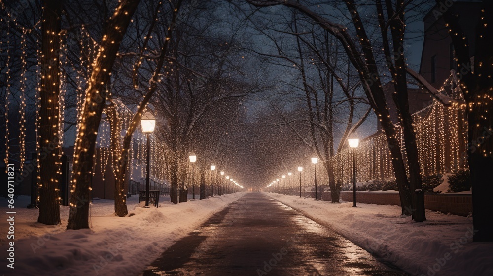 a snowy street with Christmas lights hanging from the trees and buildings