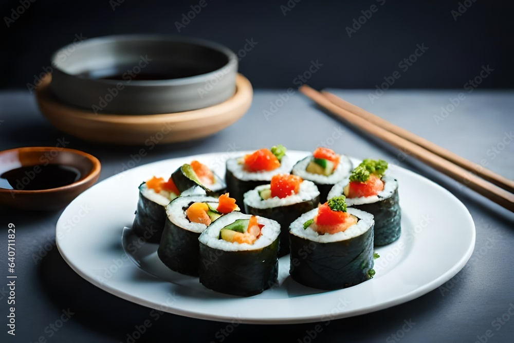 A plate of vibrant vegetable sushi rolls, made with fresh ingredients and served with soy A plate of vibrant vegetable sushi rolls, made with fresh ingredients and served with soy