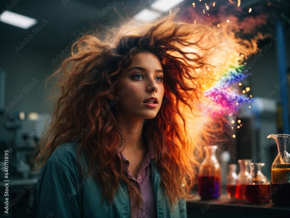 Naklejka premium Science is fun. Rainbow colored explosion in laboratory. kids doing experiments.