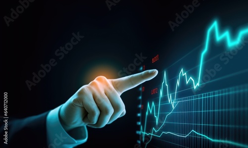 Close up of businessman hand touching with finger virtual panel with forex chart