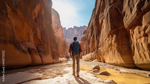 Male hiker, full body, view from behind, walking through a canyon
