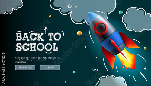 Back to School, web banner with cartoon rocket and doodle clouds. Creative or educational banner, ad, landing page or poster