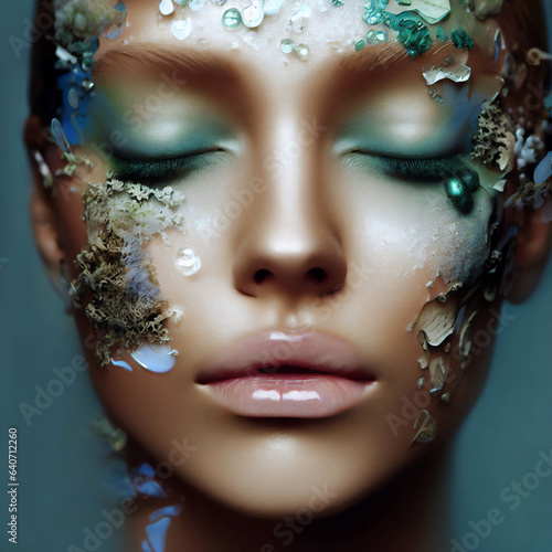 Woman in Carnival Glitter Makeup · Cold Tone Model Face Close-Up