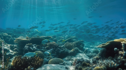 Tropical sea underwater fishes on coral reef. Aquarium oceanarium wildlife colorful marine panorama landscape nature snorkel diving.