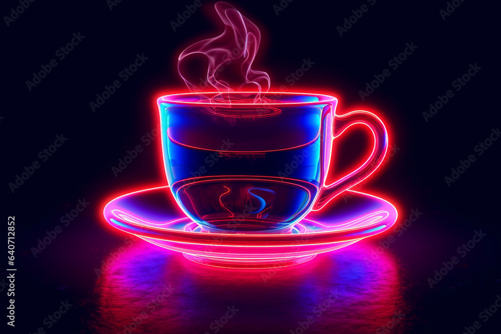 A cup of hot drink with a neon effect. Night cafe. Ordering coffee. A cup of hot drink with a neon effect. Night cafe. Ordering coffee.