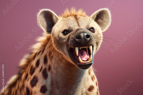 Fototapeta Portrait of an angry hyena with an open mouth.