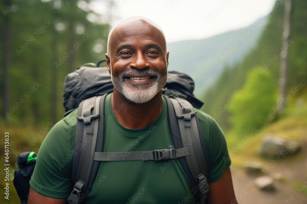 Outdoor Adventure: Smiling Senior Hiker in Forest