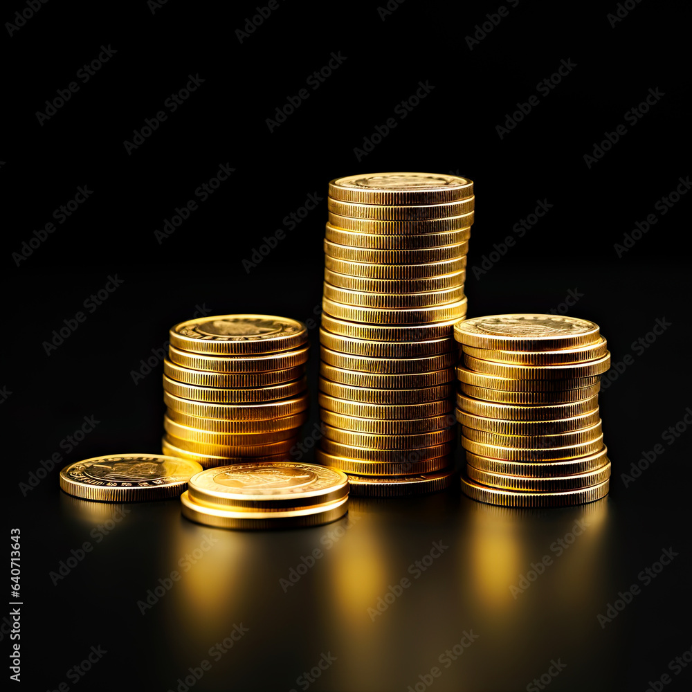 Pile of Golden Coins neatly stacked. Concept of wealth, money and savings or banking. Isolated on black background. Pile of Golden Coins neatly stacked. Concept of wealth, money and savings or banking. Isolated on black background.