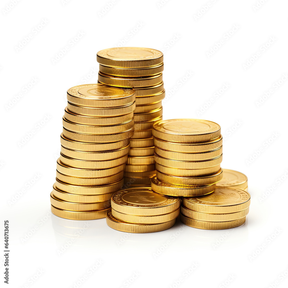 Pile of Golden Coins neatly stacked. Concept of wealth, money and savings or banking. Isolated on white background. Pile of Golden Coins neatly stacked. Concept of wealth, money and savings or banking. Isolated on white background.