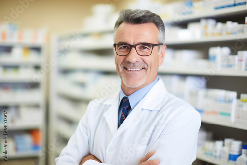 Mature Pharmacist Organizing Medications on Shelves
