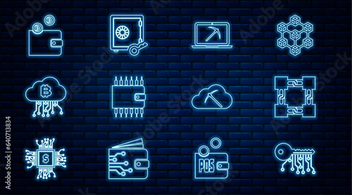 Set line Cryptocurrency key, Blockchain technology, Mining with laptop and pickaxe, wallet, cloud mining, and Proof of stake icon. Vector