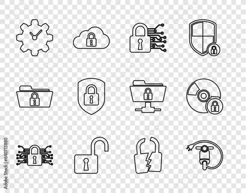 Set line Cyber security, Electric scooter, Open padlock, Time Management, Shield with, Broken or cracked and CD DVD disk icon. Vector