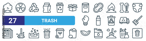 Tela set of 27 outline web trash icons such as smoke, radioactive, recycling, sanitary napkin, bottles, sweep, watermelon, vector thin line icons for web design, mobile app